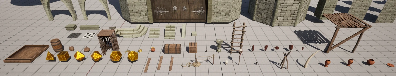 Spread of props textured, imported, and prefabbed in engine