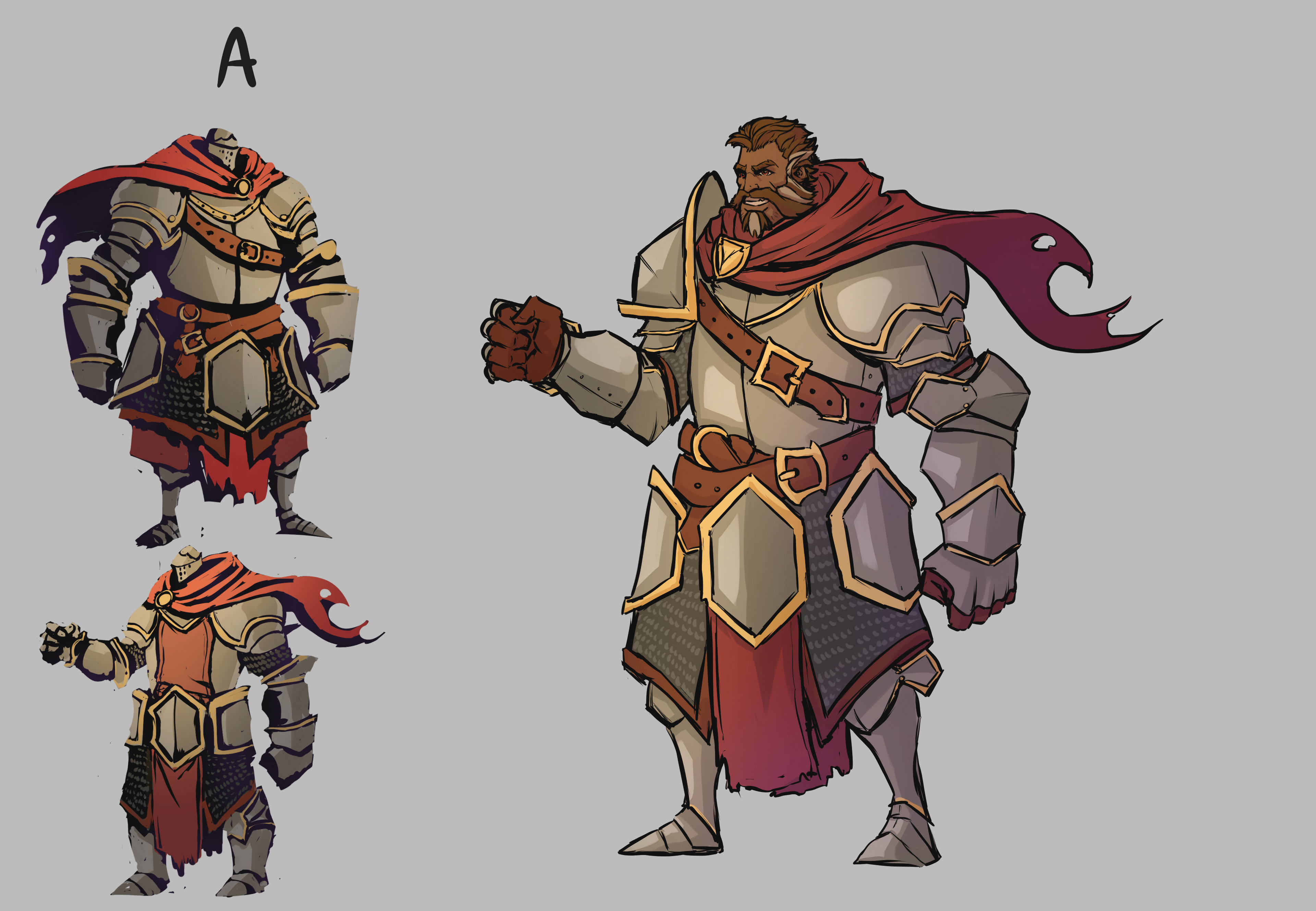 Final design for modeling - I scaled some of his proportions back for the sake of easier Humanoid implementation with our universal rig, and removed his helmet