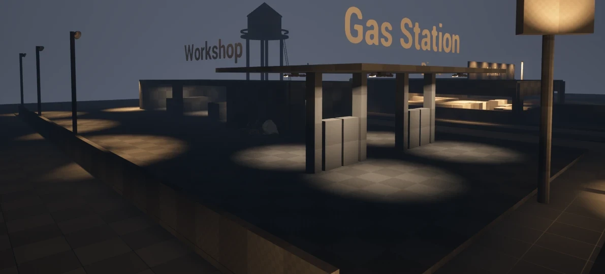 Gas station and workshop.