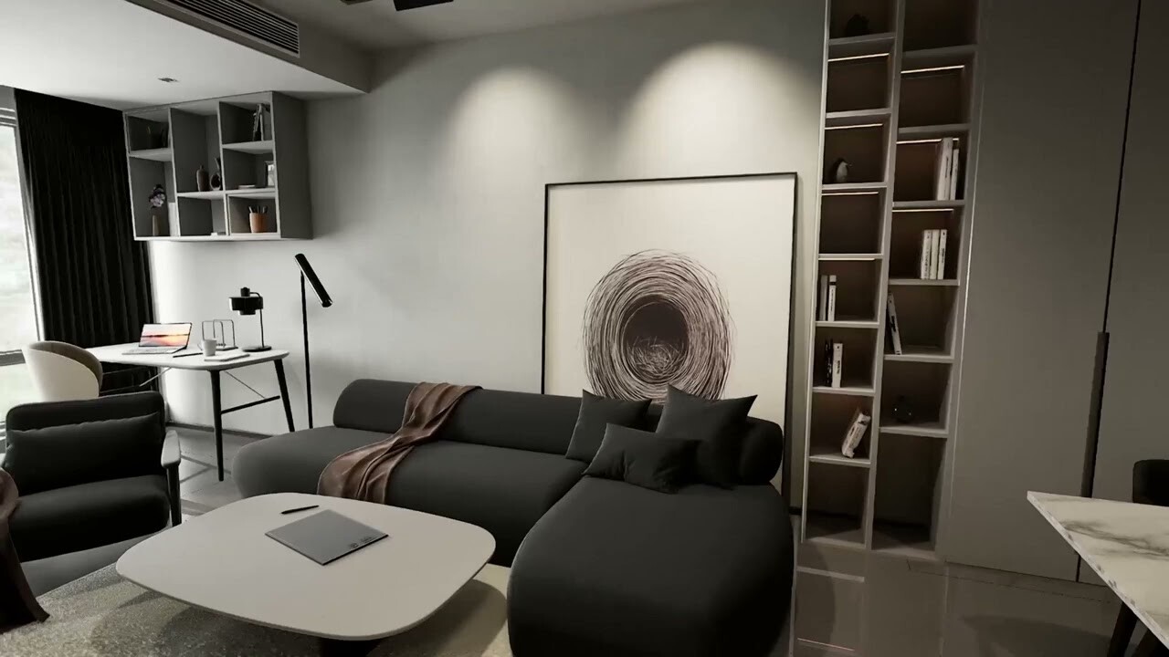 Architectural visualization of compact apartment with interactive objects