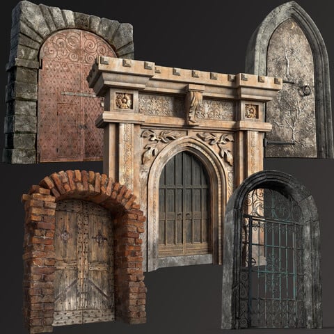 Five Medieval Doors with Arches 3D Low-poly Model Collection