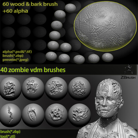 100 zbrush brushes / 60 tree and bark brushes + 40 zombie and monester vdm brushes