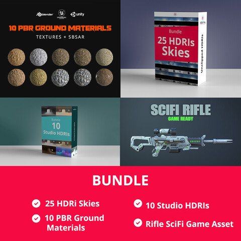 Bundle HDRi Skies + HDRIs Studio + PBR Materials + Rifle SciFi Game Asset