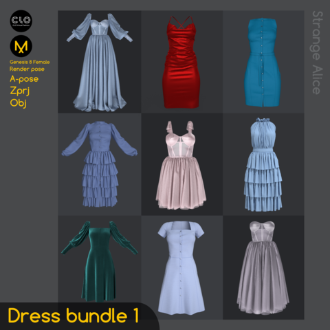 Dress bundle 1. Standard Use License. Clo3d, Marvelous Designer projects.
