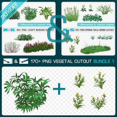 VEGETAL CUTOUT BUNDLE 1 - Traditional and numeric painting pack - 170+ PNG & FREE Silhouettes + Custom Shapes