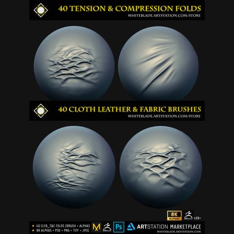 80 Tension & Compression Fold | Cloth Brushes and Alphas Bundle 4K+8K | Realistic Cloth Wrinkles for ZBrush, Mudbox and Blender