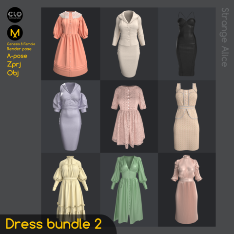 Dress bundle 2. Standard Use License. Clo3d, Marvelous Designer projects.