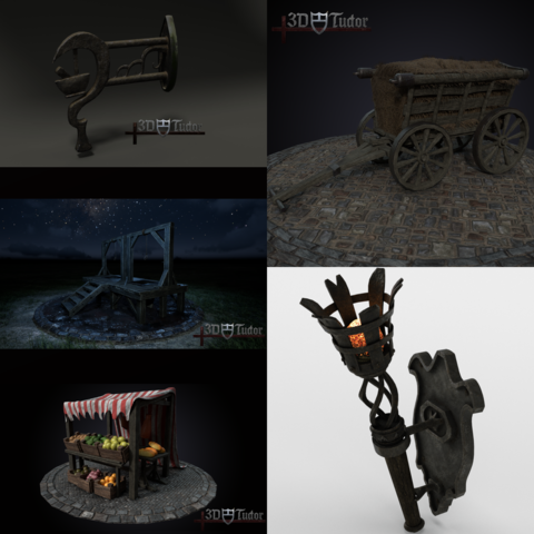 Medieval Game Asset 3D Model Pack 1 | Sign Carriage Market Stall Torch & Gallows