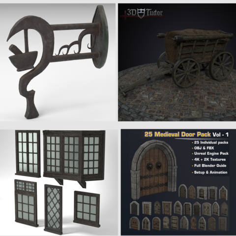 Medieval Game Asset 3D Model Pack 3 | Herbalist Sign Hay Carriage Window Set & Door Set
