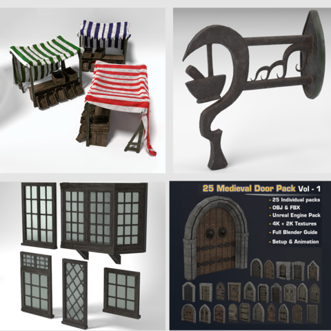 Medieval Game Asset 3D Model Pack 6 | Market Stalls Set Herbalist Sign Windows Set & Door Set