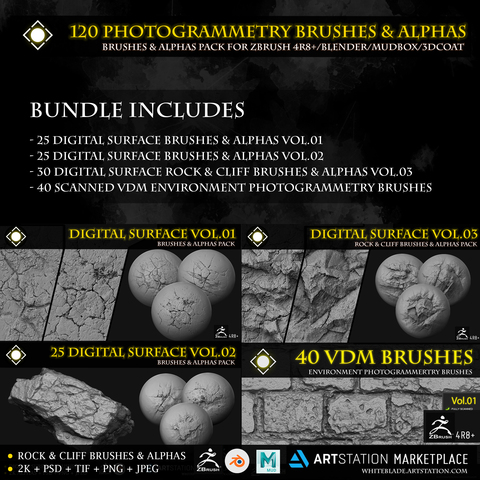 120 Photogrammetry Environment Brushes & Alphas - ZBrush 4R8+/Blender/Mudbox/3dcoat