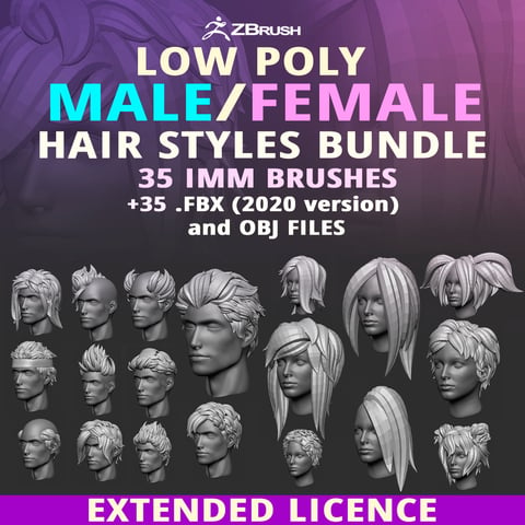 35 Male and female anime character hair styles and hairdoo low poly IMM brush set for Zbrush, fbx and obj files.