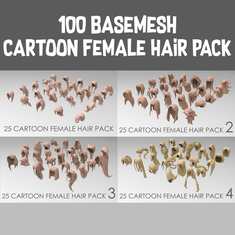 100 basemesh cartoon female hair pack with extended commarcial license
