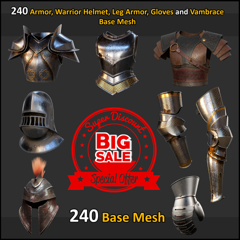 240 Armor, Warrior Helmet , Leg Armor, Gloves and Vambrace Base Mesh ( Standard License )