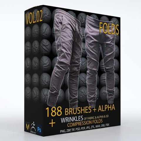 188 ZBbrush Brush + ALPHA ,  wrinkle & fold brushes for fabric and leather- Vol. 02( Commercial License )