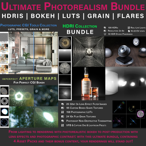 The Ultimate Photorealism Bundle: HDRIs, LUTs, Custom Bokeh, Lens Effects, Film Grain, Presets [Studio License]
