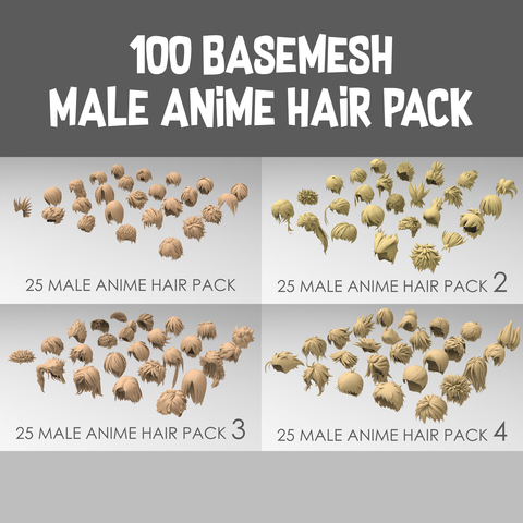 100 basemesh male anime hair pack with extended commarcial license