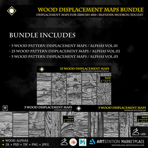 Wood Displacement Maps / Alphas - ZBrush 4R8+/Blender/Mudbox/3dcoat (Commercial License)