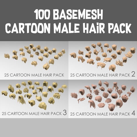 100 basemesh cartoon male hair pack with extended commercial license