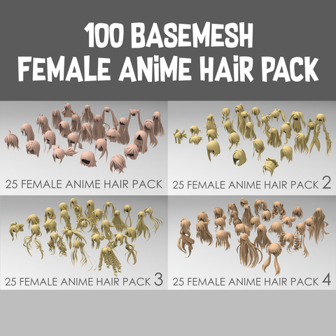 100 basemesh female anime hair pack with extended commercial license