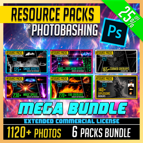 🔥 MEGA PHOTOBASH BUNDLE! (EXTENDED COMMERCIAL LICENSE) 🔥  6 Packs - 🟩 Get 1 for FREE! 1120+ Photos of Explosions, Fire flames, Spider web, Fog, Smoke, Magic Spells, Dots Neon Overlay Effects Bundle for Photobashing in Photoshop 🔥💥🕷🌌⚡️