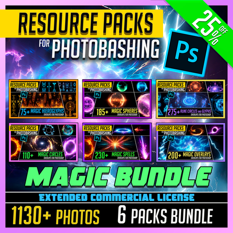 ✨ MAGIC EFFECTS PHOTOBASH BUNDLE! (EXTENDED COMMERCIAL LICENSE)✨ 🟩 Get 1 for FREE! 6 Packs with 1130+ Photos of Different Magic Overlay Effects Bundle for Photobashing in Photoshop☄️🌌⚡️🔥❄️🎇