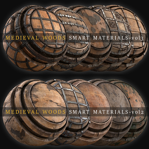 MEDIEVAL and DAMAGED WOODS Smart Materials for Substance 3D Painter - VOL 01, 02, 03