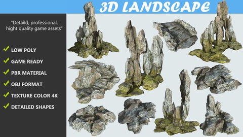 Low poly Cave Mossy Rock Modular Pack