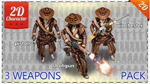 2D Cowboy with 3 Weapons Pack