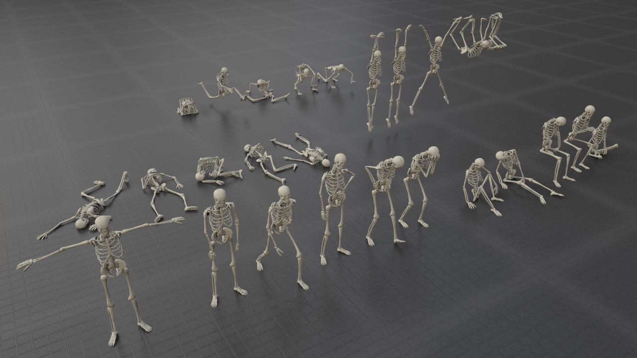 In this pack you will find 26 poses of a low poly skeleton. 