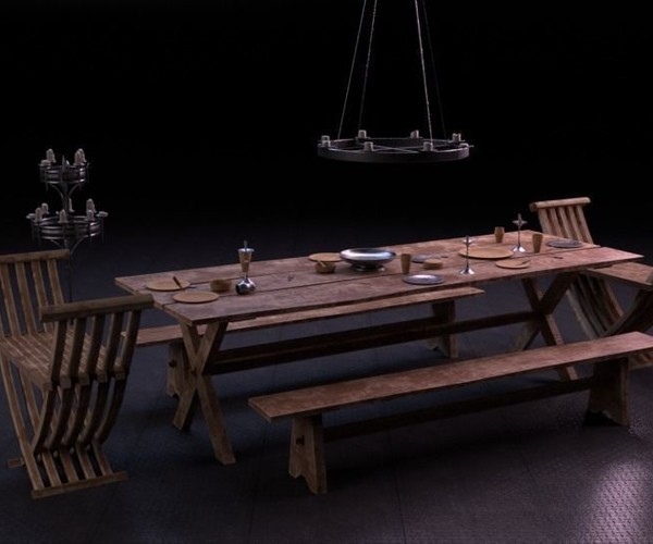 Artstation Medieval Dining Table Set Low Poly 3d Model Resources