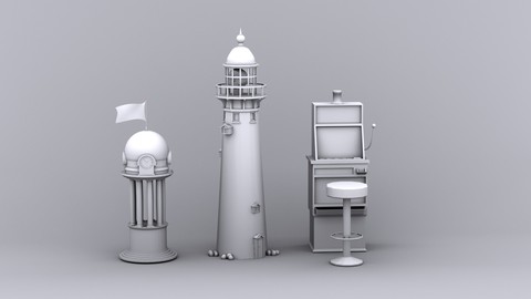 Low-Poly set models - Lighthouse, Slot machine tower clock