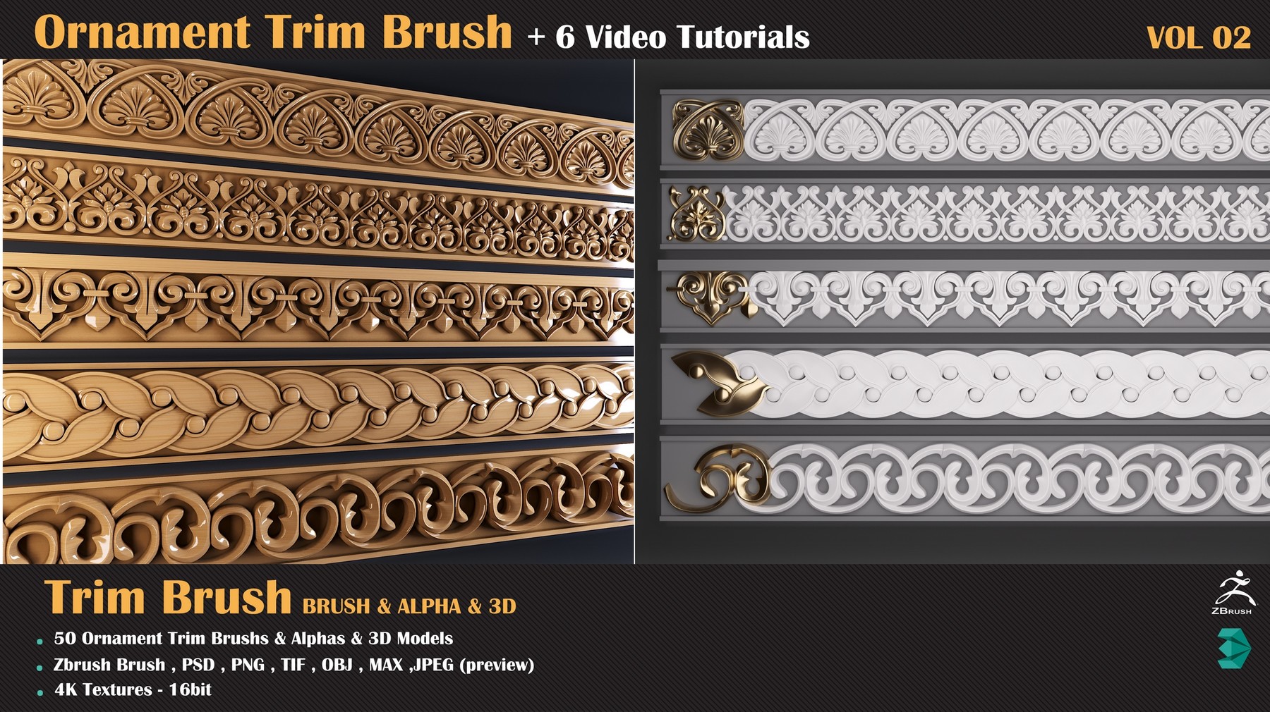 ArtStation Ornament Trim Brush and 3D Models + 6 Video Tutorials VOL 04 Brushes