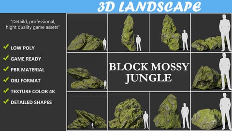 Low poly sharp block mossy rock Pack