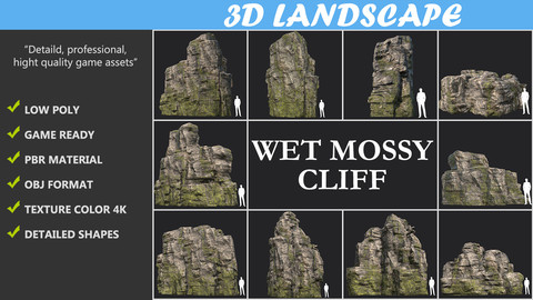 Low poly Wet Mossy Blocky Rock Cliff Pack