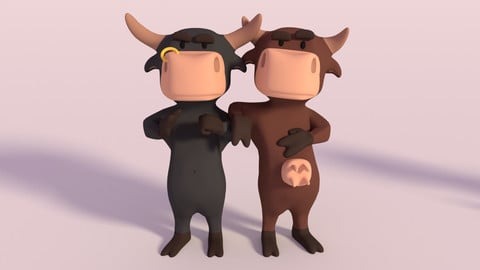 Rigged Bull and Cow Stylized Characters