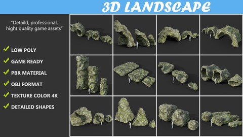 Low poly Cave Modular Mossy Rock Casual Package