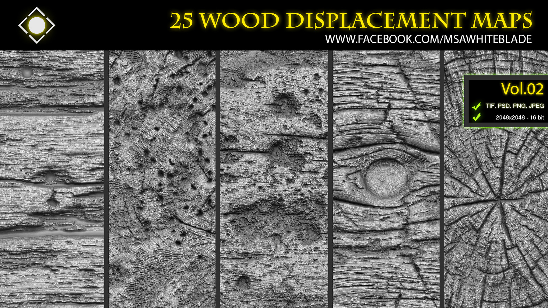 ArtStation - 25 Wood Pattern Displacement Maps / Alphas Vol.02 - ZBrush/Mudbox/SP | Brushes