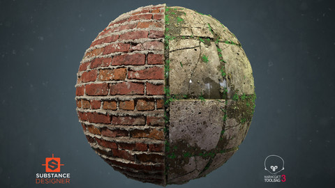 Sloppy Brick Wall and Damaged Concrete tiles Materials - Substance Designer and Marmoset Setup