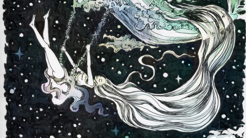 Flying whale in dark night sky with girl