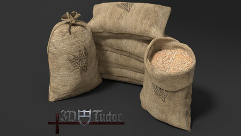 Food Sack Grain Tied Open Stacked 3D Model