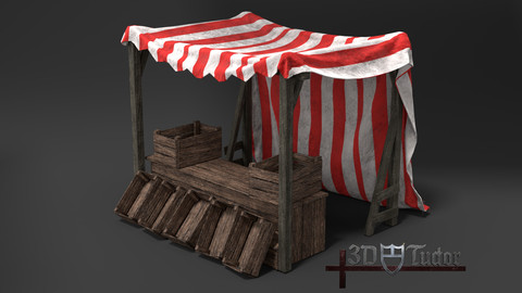 Medieval Market Stall Tent Red and White 3D Model with Crates