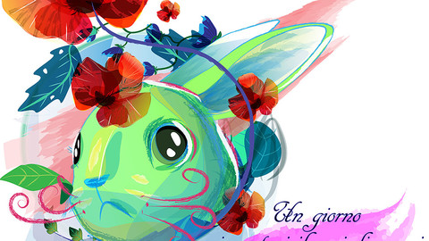 a strange green rabbit with a red mustache, fairy-tale vector illustration