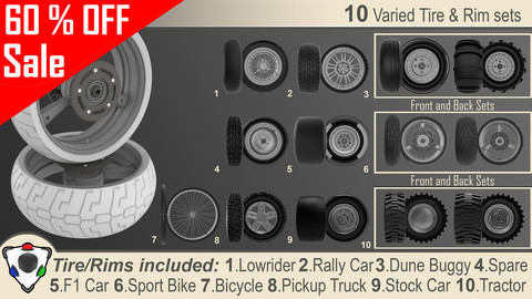 Set of 10 high poly rims and tires.