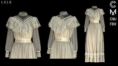 Women's Vintage Lace Dress - Marvelous designer, Clo3d