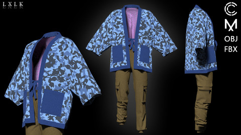 Men's Japanese style camouflage outfit - Marvelous Designer, CLO3D