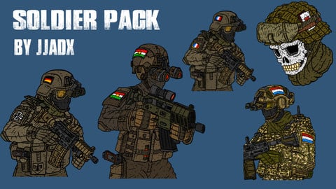 soldier pack, detailed line art illustrations. kurdish, french, german, dutch (netherlands) military soldier artworks. no background.