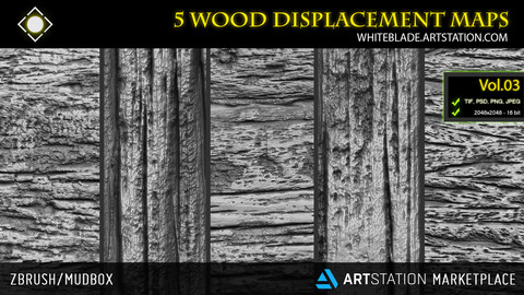 ZBrush/Mudbox/SP - 5 Wood Pattern Displacement Maps / Alphas Vol.03