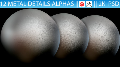 12 Metal Details Alphas (Zbrush, Substance, 2K, PSD)