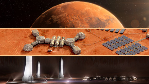 Martian base colony in the crater. Planet Mars, high detailed animated 3d scene.